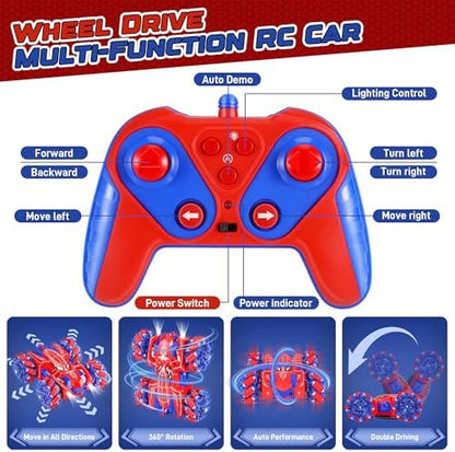 Carro de Controle Remoto Spider - Caminhão Monstro de 2.4Ghz com Rotação de 360° e Dupla Face para Meninos de 4 a 8 Anos, Carro Acrobático 4WD com Luzes Incríveis