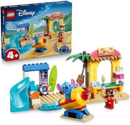 LEGO | Diversão na Praia da Disney com Lilo & Stitch - Brinquedo Educativo com 2 Lojas, Passeio de Nave Espacial e 2 Minifiguras - Conjunto Montessori - Presente de Aniversário para Meninas e Meninos a partir de 4 Anos - 43280