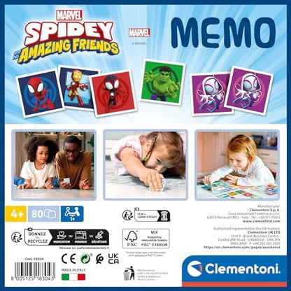 Jogo Educativo Clementoni Memo Marvel Homem-Aranha e seus Incríveis Amigos 80 Peças - Jogo para Crianças a partir de 4 Anos, Jogo de Cartas de Aprendizagem, Aprendendo Raciocínio Lógico, 2 Jogadores, Presente para Meninos, Fabricado na Itália, 18304