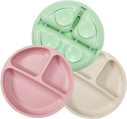 PandaEar Conjunto de 3 pratos divididos de silicone inquebrável para bebês e crianças pequenas da - Antiderrapantes - Podem ser lavados na lava-louças e usados no micro-ondas - Silicone (Rosa, Verde e Bege Claro)