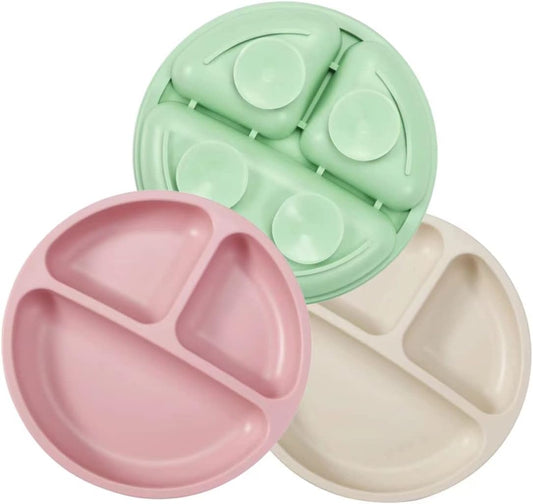 PandaEar Conjunto de 3 pratos divididos de silicone inquebrável para bebês e crianças pequenas da - Antiderrapantes - Podem ser lavados na lava-louças e usados no micro-ondas - Silicone (Rosa, Verde e Bege Claro)