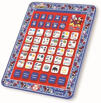 LEXIBOOK, Homem-Aranha e Seus Incríveis Amigos, Tablet Educativo Bilíngue, Brinquedo para aprender o alfabeto, números, palavras, ortografia e música, Inglês/Espanhol, Azul/Vermelho, JCPAD002SPi2