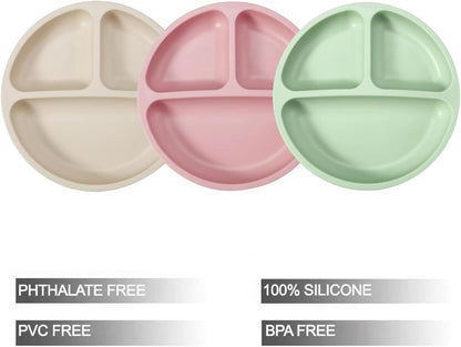 PandaEar Pratos com ventosa para bebês e crianças pequenas, pacote com 3 unidades, divididos e com ventosa, 100% silicone de qualidade alimentar, antiderrapantes, ideais para introdução alimentar BLW (Baby Led Weaning)