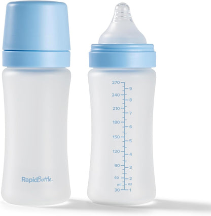 Nuby Kit com 2 Mamadeiras de Vidro Anticólicas RapidBottle - Mamadeira Rápida com Revestimento de Silicone e Bico Semelhante ao Seio Materno | Alimentação Rápida | Sem Microplásticos | Esterilização Rápida | 266ml