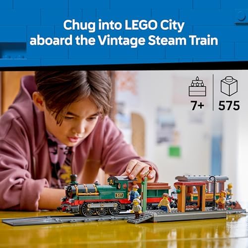 LEGO City Trem a Vapor Vintage - Kit de Modelo STEM - Conjunto com Estação, Trilhos, Controles da Cabine, Sinal de Parada e 5 Minifiguras - Presente de Aniversário para Meninos a partir de 7 Anos - 60511