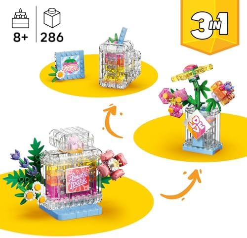 LEGO Creator 3 em 1 Frasco de Perfume com Decoração Floral - Kit de Modelo que se Transforma em Vaso de Flores ou Copo de Smoothie - Decoração DIY para Quarto Infantil - Presente de Aniversário para Meninas e Meninos a partir de 8 Anos - 31383