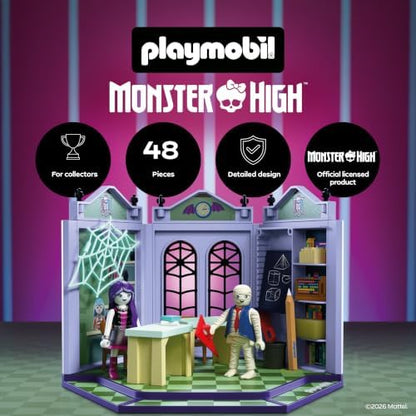 Playmobil | Monster High™ | Sala de Aula Monster High | Conjunto de Sala de Aula com Sr. Mummy, Spectra Vondergeist, Lousa e Teia de Aranha que Brilha no Escuro | Para Fãs a Partir de 5 Anos | 72145