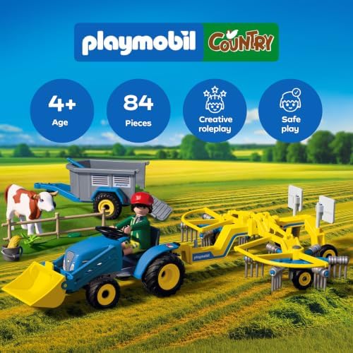 Playmobil | Country | Trator Pequeno com Ancinho Enleirador | Conjunto de Trator com Ancinho, Vaca, Reboque e Acessórios | Para Crianças a partir de 4 Anos | 72163