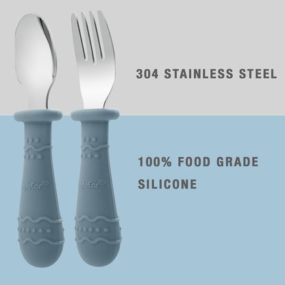 PandaEar Conjunto de Talheres Infantis com 6 Peças | Conjunto de Garfo e Colher para Bebê | Talheres Infantis em Aço Inoxidável | Talheres para Bebês a partir de 12 Meses com Design Antiengasgo e Apoio de Silicone (Azul/Marrom/Vermelho)