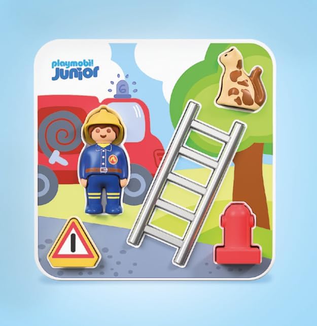 Playmobil | JUNIOR | JUNIOR: Quebra-cabeça de Bombeiro | Quebra-cabeça de madeira com bombeiro, gato e acessórios | Para crianças a partir de 1 ano | 72088