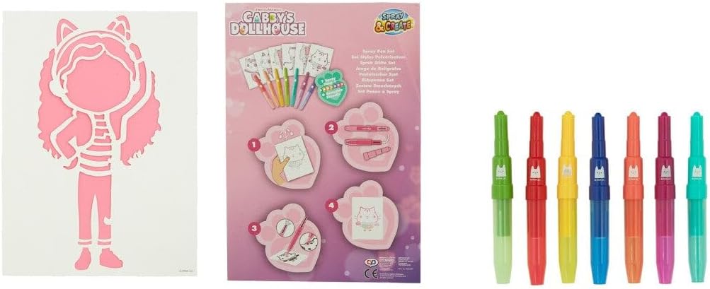 Conjunto de Canetas Aerográficas e Estênceis da Casa de Bonecas da Gabby - Kit de Desenho Artístico com Caneta de Feltro e Moldes - Conjunto de Arte Criativa para Colorir para Crianças a partir de 4 Anos - Diversão com o Tema da Gabby