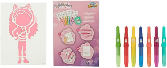 Conjunto de Canetas Aerográficas e Estênceis da Casa de Bonecas da Gabby - Kit de Desenho Artístico com Caneta de Feltro e Moldes - Conjunto de Arte Criativa para Colorir para Crianças a partir de 4 Anos - Diversão com o Tema da Gabby