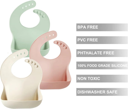 PandaEar Conjunto de 3 Babadores de Silicone para Bebês e Crianças Pequenas, Babadores Impermeáveis para Bebês de 6 a 18 Meses, Ideais para a Introdução Alimentar, Livres de BPA,