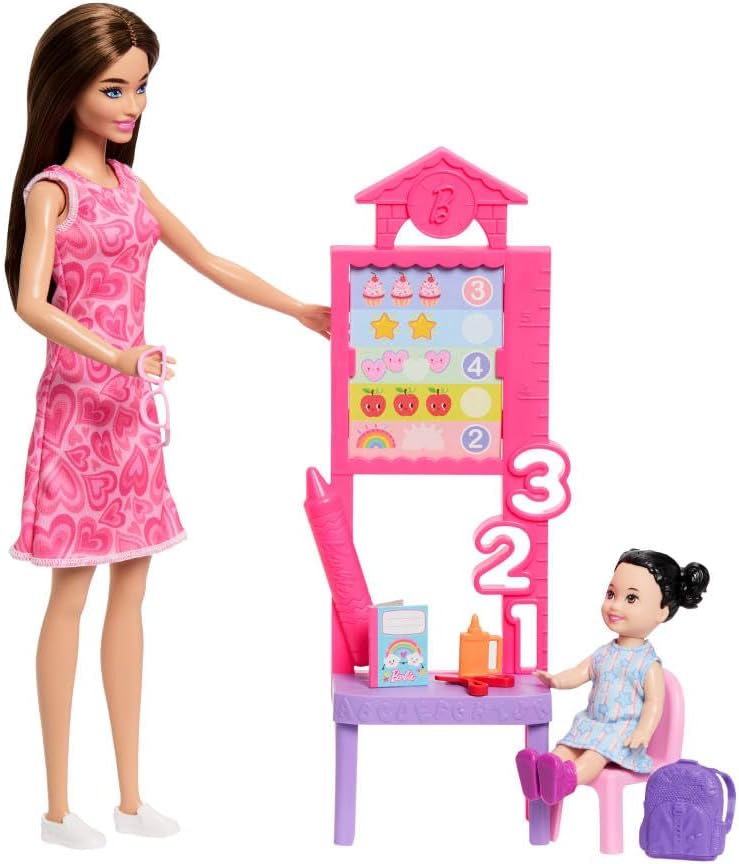 Barbie Conjunto Profissões Professora com Boneca Fashion Vestindo Vestido Removível, Boneca Criança Pequena, Quadro de Sala de Aula e Acessórios, JMK16