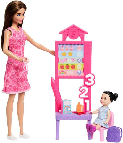 Barbie Conjunto Profissões Professora com Boneca Fashion Vestindo Vestido Removível, Boneca Criança Pequena, Quadro de Sala de Aula e Acessórios, JMK16