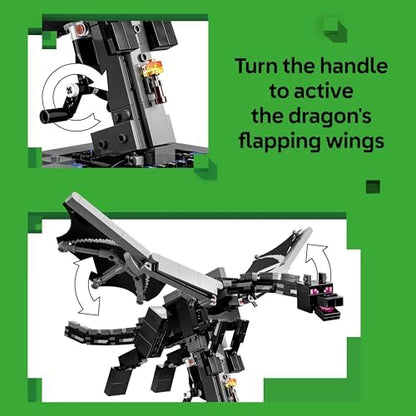 LEGO Minecraft Ender Dragon - Figura Interativa com Asas Metalizadas que Batem e Suporte para Portal de Saída, Ideal para Decoração de Quarto Infantil - Presente Perfeito para Meninos, Meninas e Fãs a partir de 10 Anos - 21595