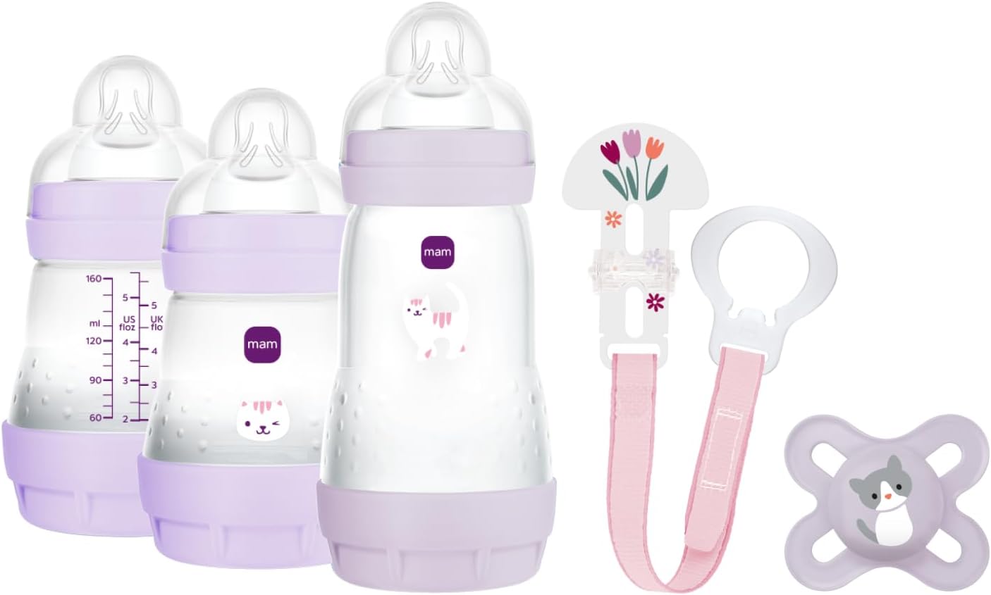 MAM Kit Presente para Recém-Nascido Inclui: 2 Mamadeiras Anticólicas de 160 ml, 1 Mamadeira Anticólica de 260 ml, 1 Chupeta Original Start, 1 Prendedor de Chupeta, a partir de 0 meses, Rosa