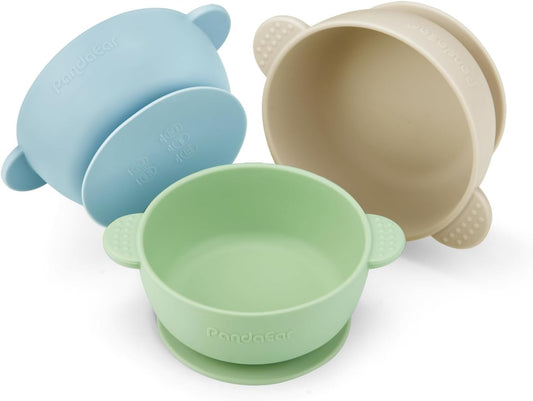 PandaEar Conjunto de 3 Tigelas de Silicone com Ventosa - Tigelas para Alimentação de Bebês e Crianças Pequenas que Não Deslizam - Macias, Seguras e Livres de BPA (Linho Azul e Verde)
