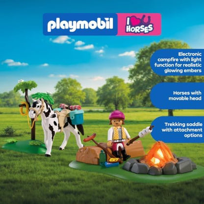 Playmobil | I Love Horses | Passeio a Cavalo com Fogueira | Conjunto de equitação com mãe, filha, cavalo, pônei e fogueira eletrônica | Para crianças a partir de 4 anos | 72132
