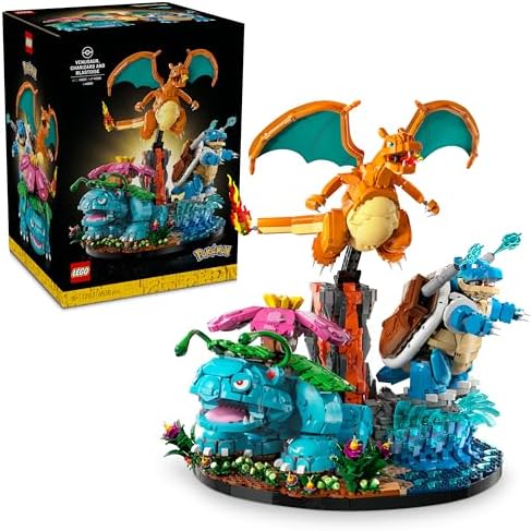 LEGO Pokémon Venusaur, Charizard e Blastoise - Kit de Modelo 3D para Adultos - 3 Figuras de Anime para Decoração de Quarto ou Mesa - Presente Colecionável para Fãs de Jogos - 72153