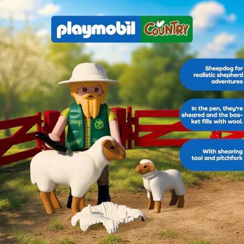 Playmobil | Country | Jovem Pastor | Conjunto de Ovelhas com Cordeiros, Cão Pastor, Cercado e Acessórios | Para Crianças a partir de 4 Anos | 72169