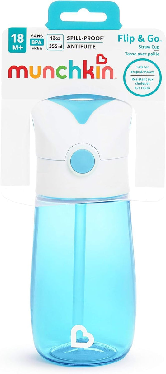 Botella de agua infantil Munchkin Flip &amp; Go™ con pajita | Taza para sorber para niños de 12 oz | Diseño sin derrames | Niños y biberones para niñas y niños 18m+ | Material duradero | Azul