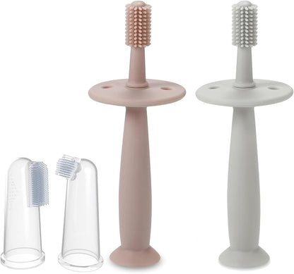 PandaEar Escova de Dentes de Silicone para Bebês, Conjunto com 3 Peças (Rosa + Azul) | Brinquedos de Dentição para Treinamento de Higiene Bucal para Bebês a partir de 3 Meses