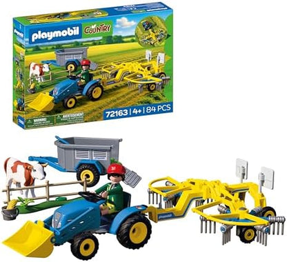 Playmobil | Country | Trator Pequeno com Ancinho Enleirador | Conjunto de Trator com Ancinho, Vaca, Reboque e Acessórios | Para Crianças a partir de 4 Anos | 72163