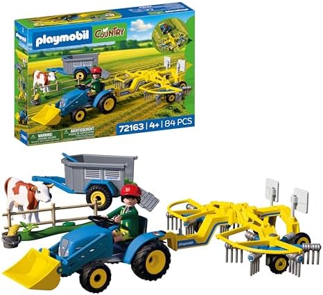 Playmobil | Country | Trator Pequeno com Ancinho Enleirador | Conjunto de Trator com Ancinho, Vaca, Reboque e Acessórios | Para Crianças a partir de 4 Anos | 72163