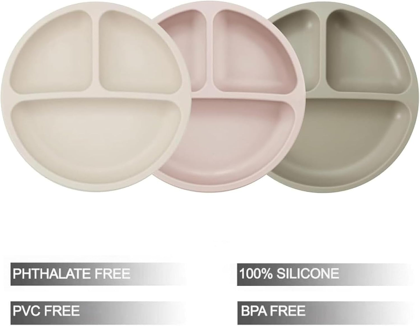 PandaEar Conjunto de 3 pratos infantis, pratos de silicone divididos com ventosas para bebês e crianças pequenas, antiderrapantes - próprios para lava-louças e micro-ondas (marrom chá linho)