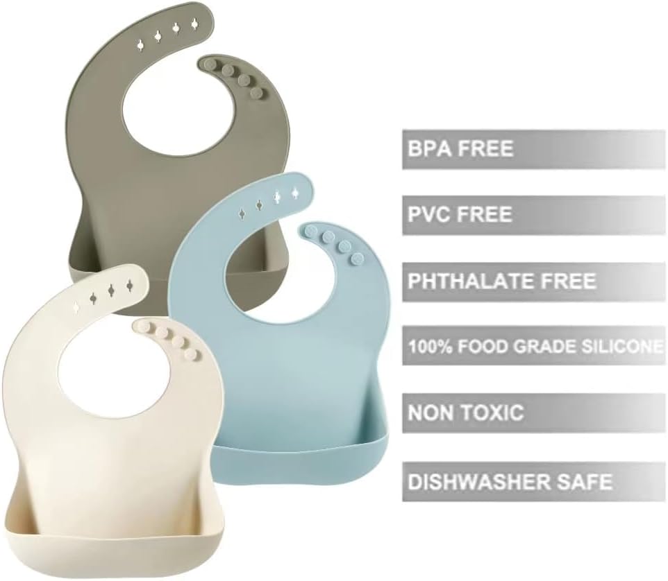 PandaEar Conjunto de 3 Babadores de Silicone para Bebês, Impermeáveis, Tamanhos de 6 a 18 meses, Ideais para a Introdução Alimentar, Babadores Ajustáveis para Alimentação com Bolso Grande para Coletar Alimentos, Livres de BPA