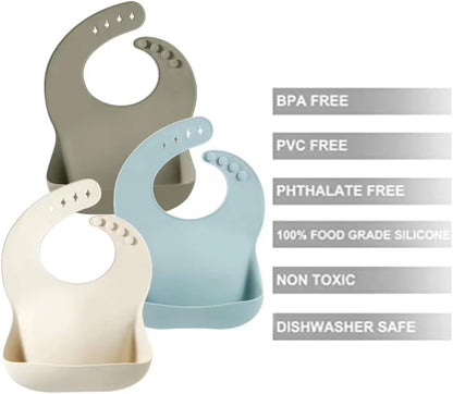 PandaEar Conjunto de 3 Babadores de Silicone para Bebês, Impermeáveis, Tamanhos de 6 a 18 meses, Ideais para a Introdução Alimentar, Babadores Ajustáveis para Alimentação com Bolso Grande para Coletar Alimentos, Livres de BPA