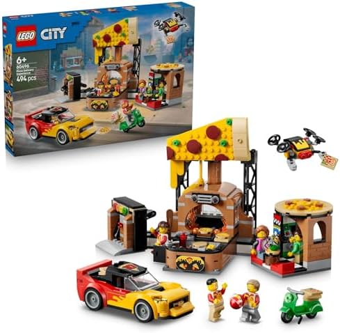 LEGO City Experiência de Entrega de Pizza com Veículos - inclui Carrinho de Brinquedo, Scooter, Drone, Máquina de Arcade e 5 Minifiguras - Ideia de Presente de Aniversário para Meninos a partir de 6 Anos - 60496