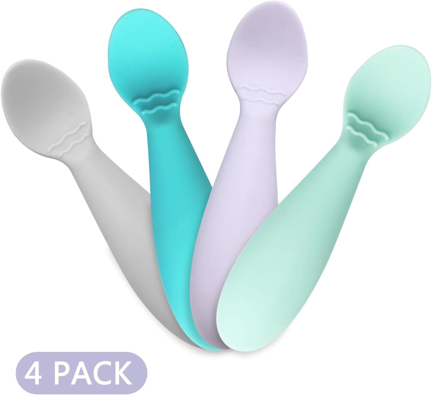 PandaEar Colheres de silicone para desmame, colheres para alimentação infantil, sem BPA, pacote com 4 unidades, silicone macio, utensílio para alimentação independente com cabo grosso.
