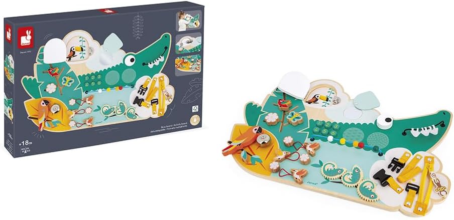 Janod - Busy Board Croco - Quadro de Atividades - Tema Animais da Selva - 14 Atividades - Brinquedo Infantil para Meninos e Meninas - Habilidades Motoras Finas - Brinquedo de Madeira FSCTM - A partir de 18 Meses - J08280