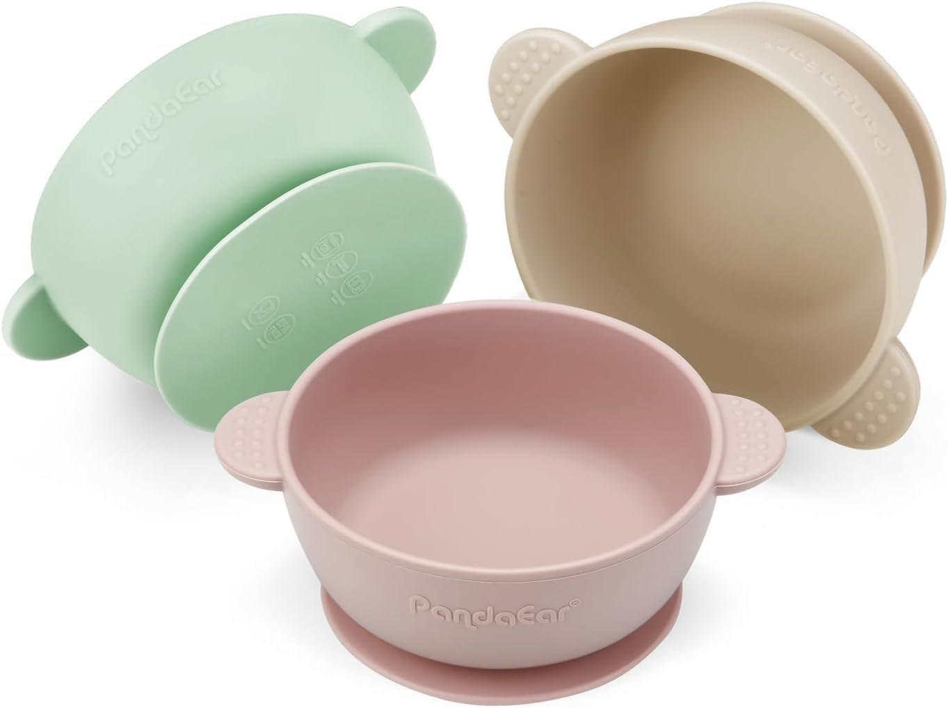 PandaEar Conjunto de 3 Tigelas para Bebê com Ventosa | Tigela de Silicone Fixa para Alimentos de Bebês, Crianças e Bebês | Silicone Macio, Seguro e Livre de BPA, de Grau Alimentício (Rosa, Verde e Bege Claro)