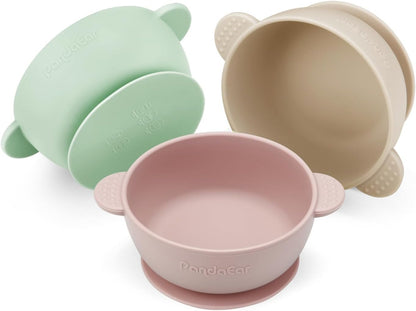 PandaEar Conjunto de 3 Tigelas para Bebê com Ventosa | Tigela de Silicone Fixa para Alimentos de Bebês, Crianças e Bebês | Silicone Macio, Seguro e Livre de BPA, de Grau Alimentício (Rosa, Verde e Bege Claro)