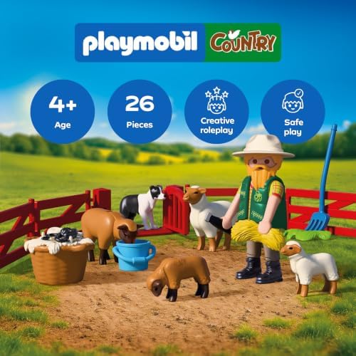 Playmobil | Country | Jovem Pastor | Conjunto de Ovelhas com Cordeiros, Cão Pastor, Cercado e Acessórios | Para Crianças a partir de 4 Anos | 72169