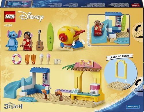 LEGO | Diversão na Praia da Disney com Lilo & Stitch - Brinquedo Educativo com 2 Lojas, Passeio de Nave Espacial e 2 Minifiguras - Conjunto Montessori - Presente de Aniversário para Meninas e Meninos a partir de 4 Anos - 43280