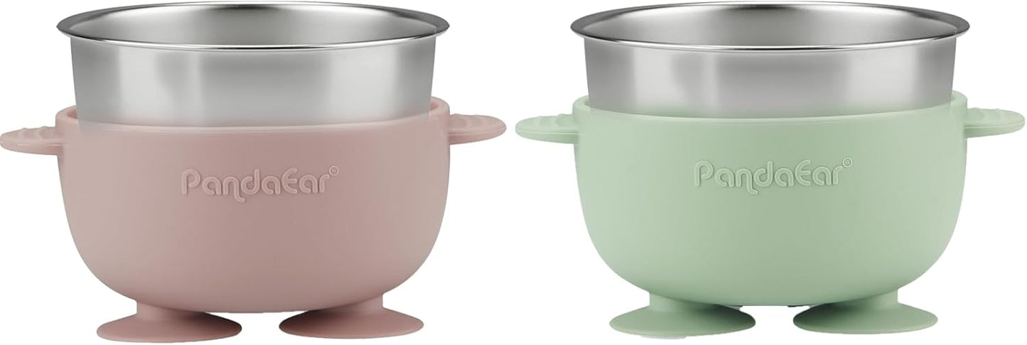 PandaEar Conjunto de 6 Tigelas e Colheres de Aço Inoxidável para Bebês, 2 Tigelas com Ventosa e 4 Talheres de Silicone, Tigelas Antiderrapantes com Capa de Silicone e Colher e Garfo Antiengasgo