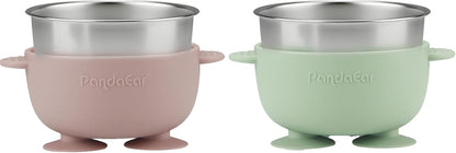 PandaEar Conjunto de 6 Tigelas e Colheres de Aço Inoxidável para Bebês, 2 Tigelas com Ventosa e 4 Talheres de Silicone, Tigelas Antiderrapantes com Capa de Silicone e Colher e Garfo Antiengasgo