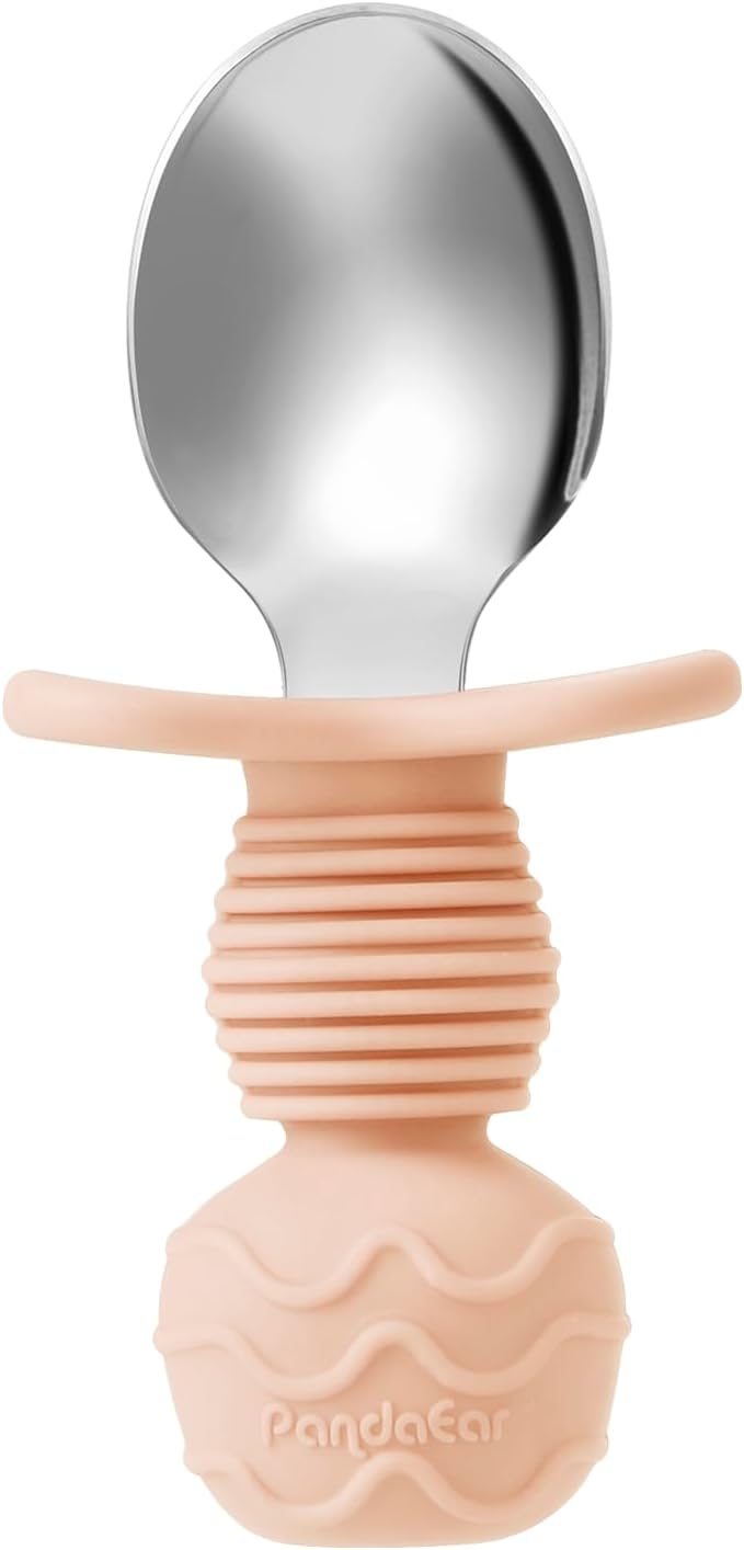 PandaEar Conjunto de 6 colheres e garfos de aço inoxidável para alimentação infantil - Utensílios anti-engasgo para bebês e crianças a partir de 18 meses de idade, ideais para a introdução alimentar guiada (azul/cinza/pêssego).