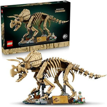LEGO Jurassic World Fósseis de Dinossauro: Triceratops - Kit de Modelo para Exibição para Adultos com Minifigura do Dr. Gerry Harding - Decoração de Prateleira DIY - Presente para Fãs de Jurassic Park - 77985