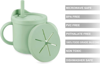 PandaEar Conjunto de 2 Copos de Silicone Multifuncionais com Canudo, Colheres e Garfos, para Bebês e Crianças Pequenas, Antivazamento, Rosa e Verde