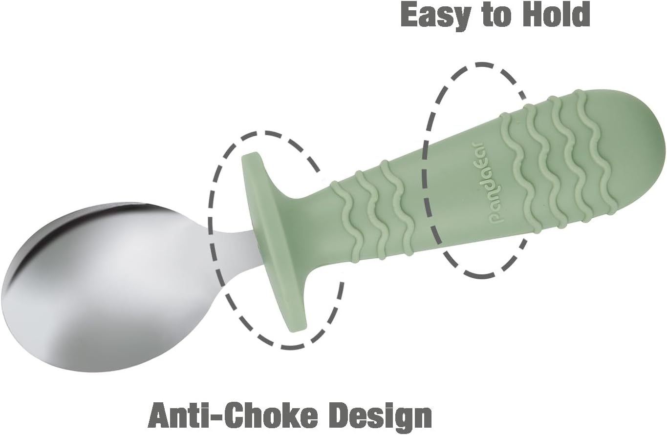 PandaEar Conjunto de Talheres Infantis com 6 Peças | Conjunto de Garfo e Colher para Bebê | Talheres Infantis em Aço Inoxidável | Talheres para Bebês a partir de 12 Meses com Suporte de Silicone (Azul, Verde e Marrom)