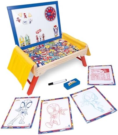 Mesa de Atividades Infantil Marvel Homem-Aranha e Seus Incríveis Amigos – Mesa de colo dobrável de madeira com quadro branco, acessórios magnéticos, bolsos de armazenamento e marcador – Mesa de atividades portátil para meninos e meninas