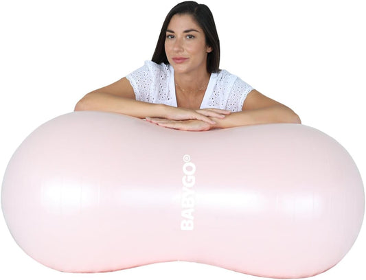 BABYGO® Bola de amendoim para exercícios de parto e gravidez | Livro de exercícios de trabalho de maternidade com bola de parto e bomba de pé incluídos | Anti-explosão
