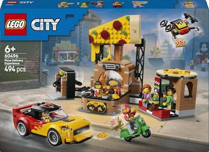 LEGO City Experiência de Entrega de Pizza com Veículos - inclui Carrinho de Brinquedo, Scooter, Drone, Máquina de Arcade e 5 Minifiguras - Ideia de Presente de Aniversário para Meninos a partir de 6 Anos - 60496