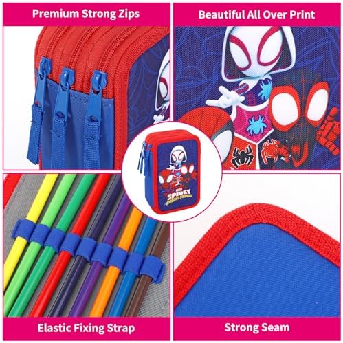 Estojo grande de 3 camadas Marvel Spidey e seus Incríveis Amigos para Lápis, com Vários Compartimentos para Material Escolar, Canetas Coloridas e Conjuntos de Lápis.