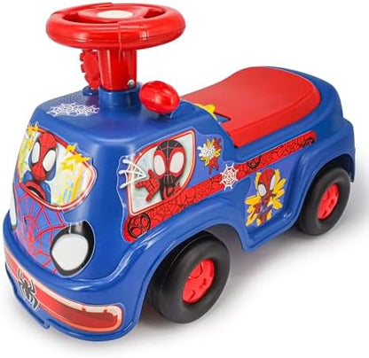 Carrinho de passeio interativo do Homem-Aranha e seus amigos Carro do Homem-Aranha para crianças com luzes e sons atividades no painel empurrar para desenvolver equilíbrio coordenação Brinquedo de passeio para crianças a partir de 1 ano meninos e meninas